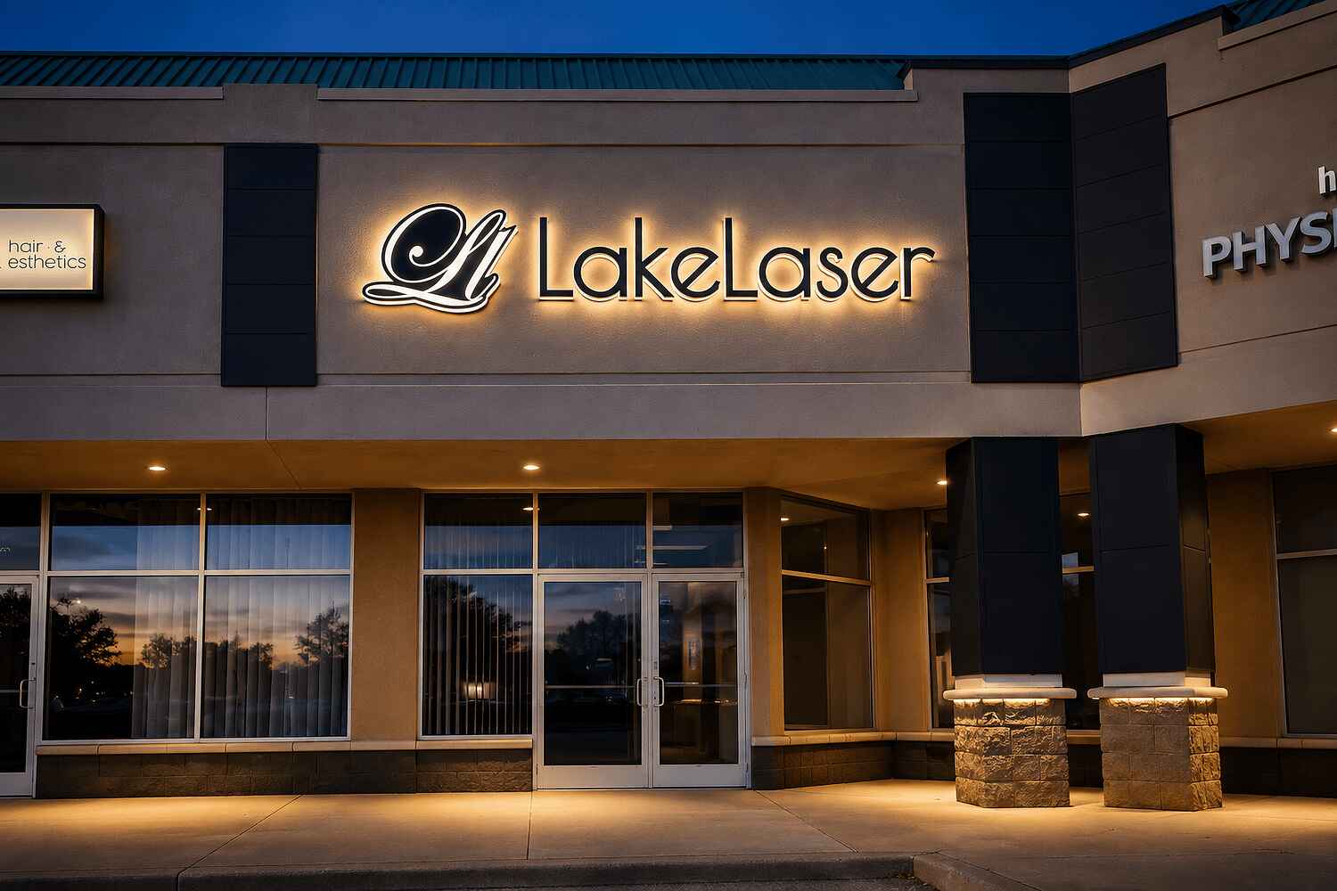 The illuminated Lake Laser sign on Amy Croft Drive at dusk