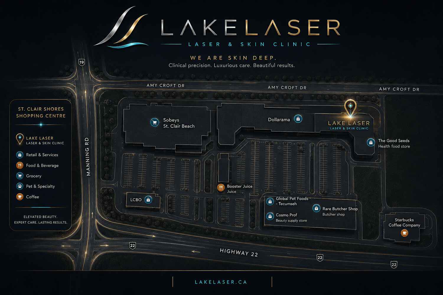 Plaza map: Lake Laser on Amy Croft Drive at Manning Road, St. Clair Shores Shopping Centre